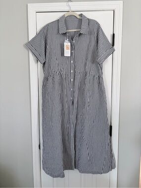 Striped Button-Front Shirt Dress in Black and White